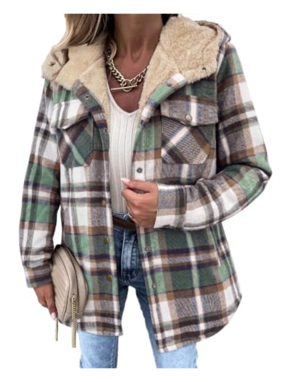Plaid Shacket Sherpa Lined Hooded Jacket Oversized Warm Coat